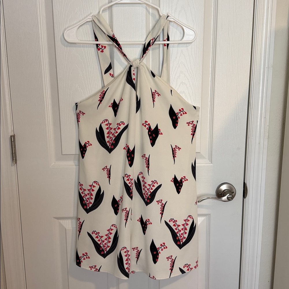 Zara Ivory shorts romper with Black and Red Floral Pattern lined rear half zip